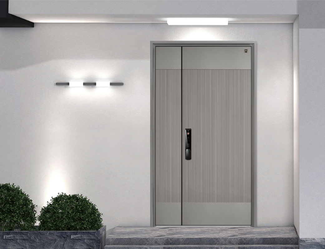 Vertical bar gray grain elegant aluminum entrance door