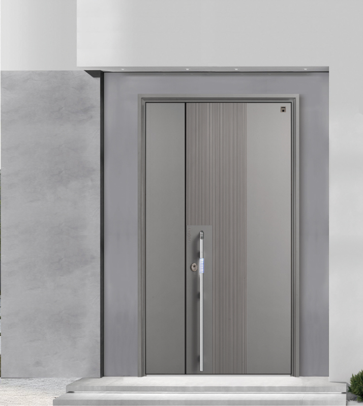 Silver handle vertical grain aluminum entrance door